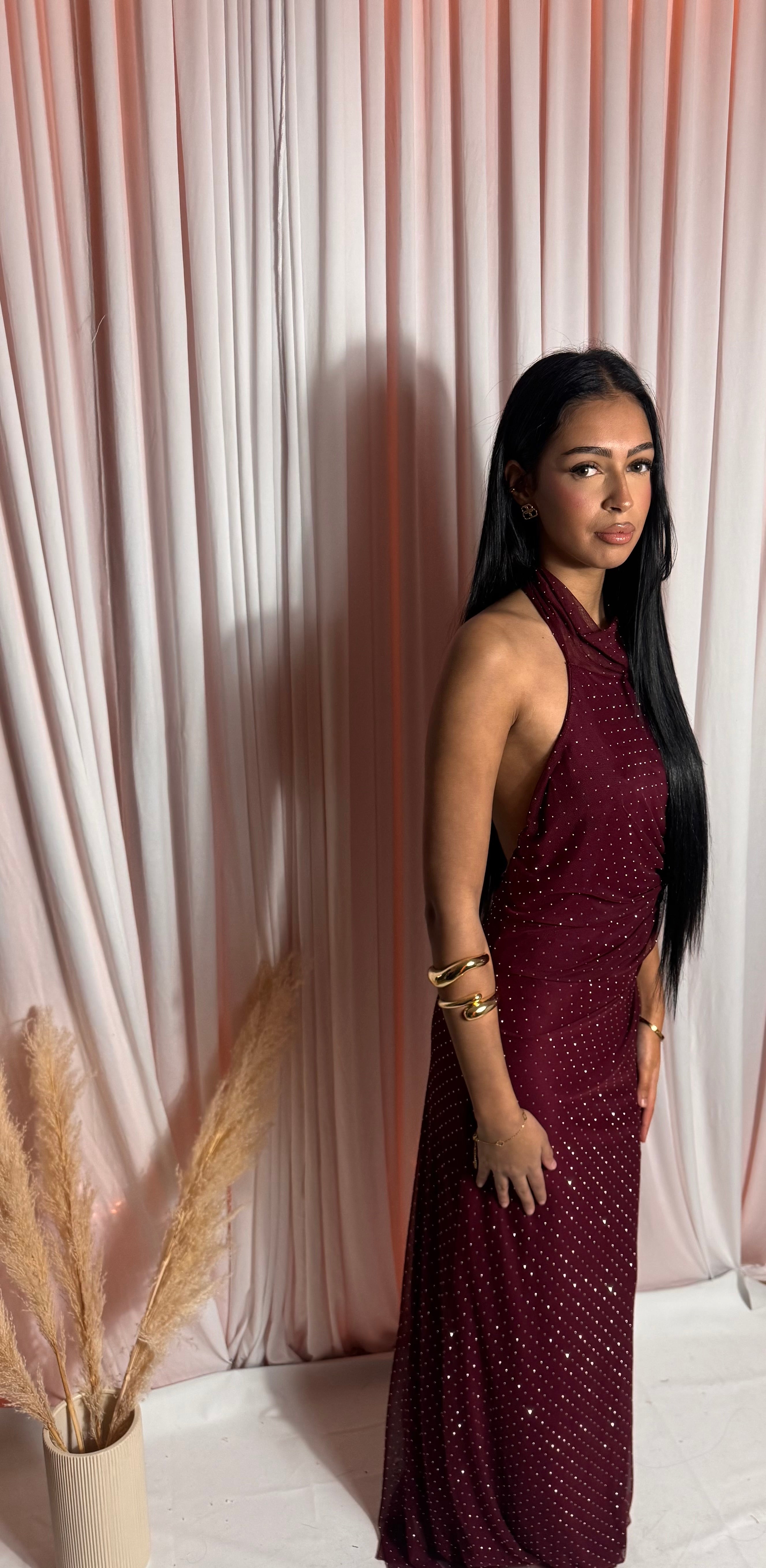 Robe à strass col Montant  bordeaux