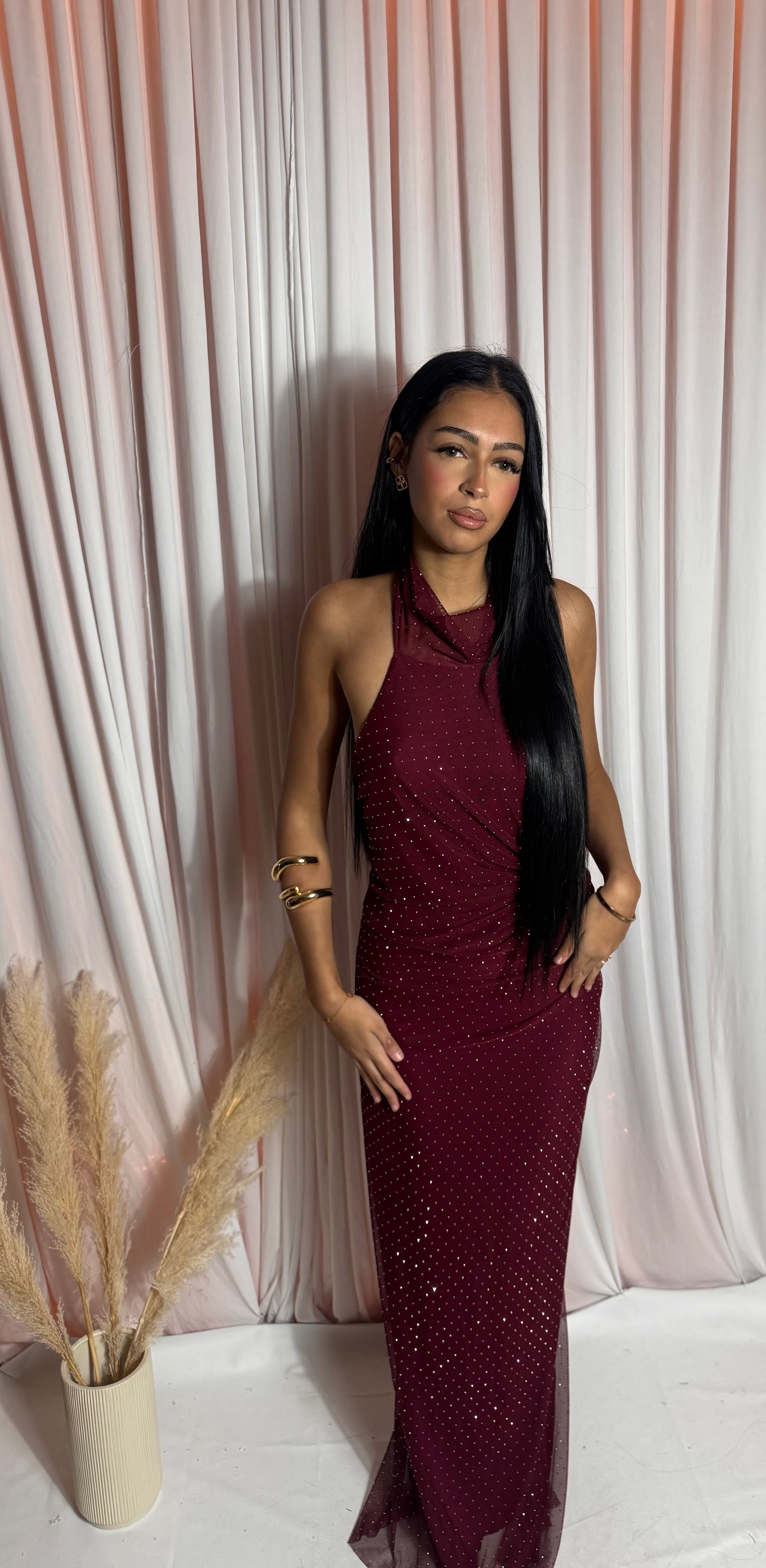 Robe à strass col Montant  bordeaux